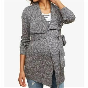 Drape collar Maternity belted knit open gray cardigan